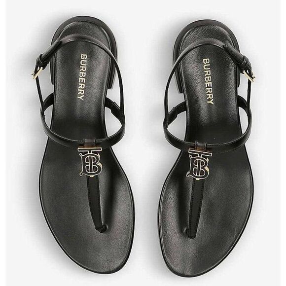 NWT BURBERRY Emily Black 'B' Logo Plaque T-Strap Flat Sandals Size EU35.5 - Picture 3 of 12